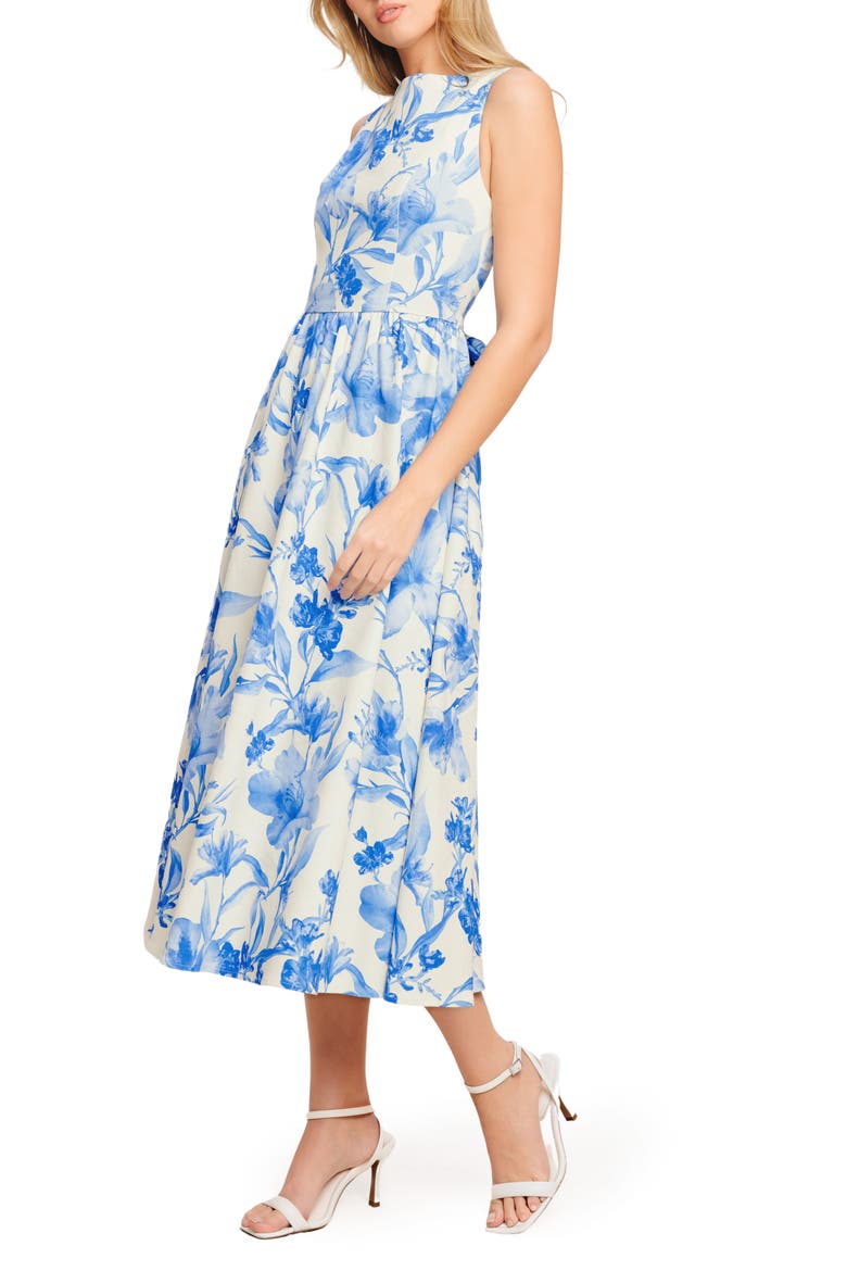 Print Bow Twill Midi Dress, Alternate, color, IVORY BLUE