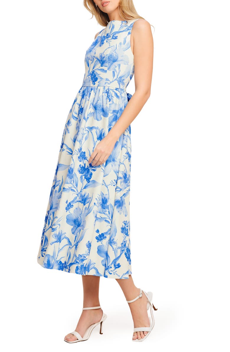 FLYING TOMATO Print Bow Twill Midi Dress, Alternate, color, Ivory Blue