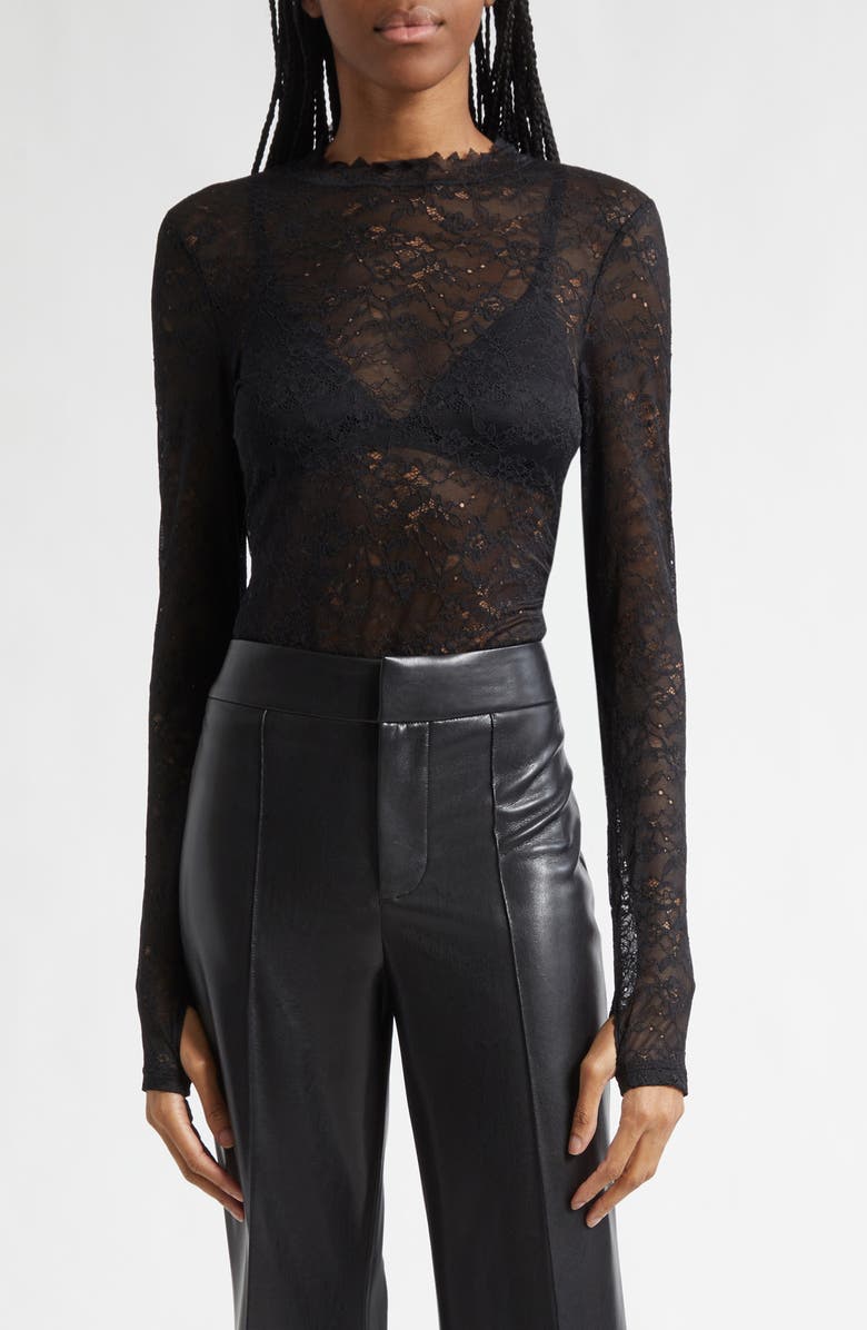 Alice + Olivia Taeyn Lace Bodysuit, Main, color, Black