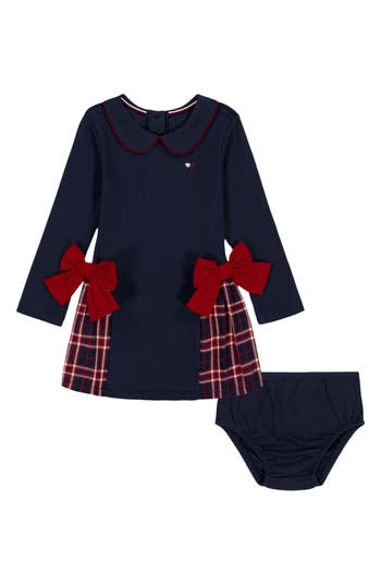 Tommy Hilfiger Babies'  Peter Pan Collar Mixed Media Dress & Bloomers In Blue