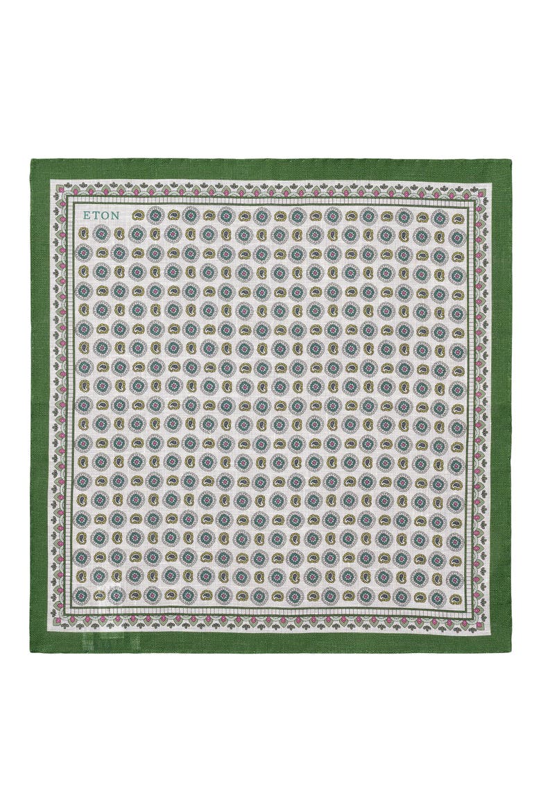 Geometric Print Linen Pocket Square, Alternate, color, MEDIUM GREEN