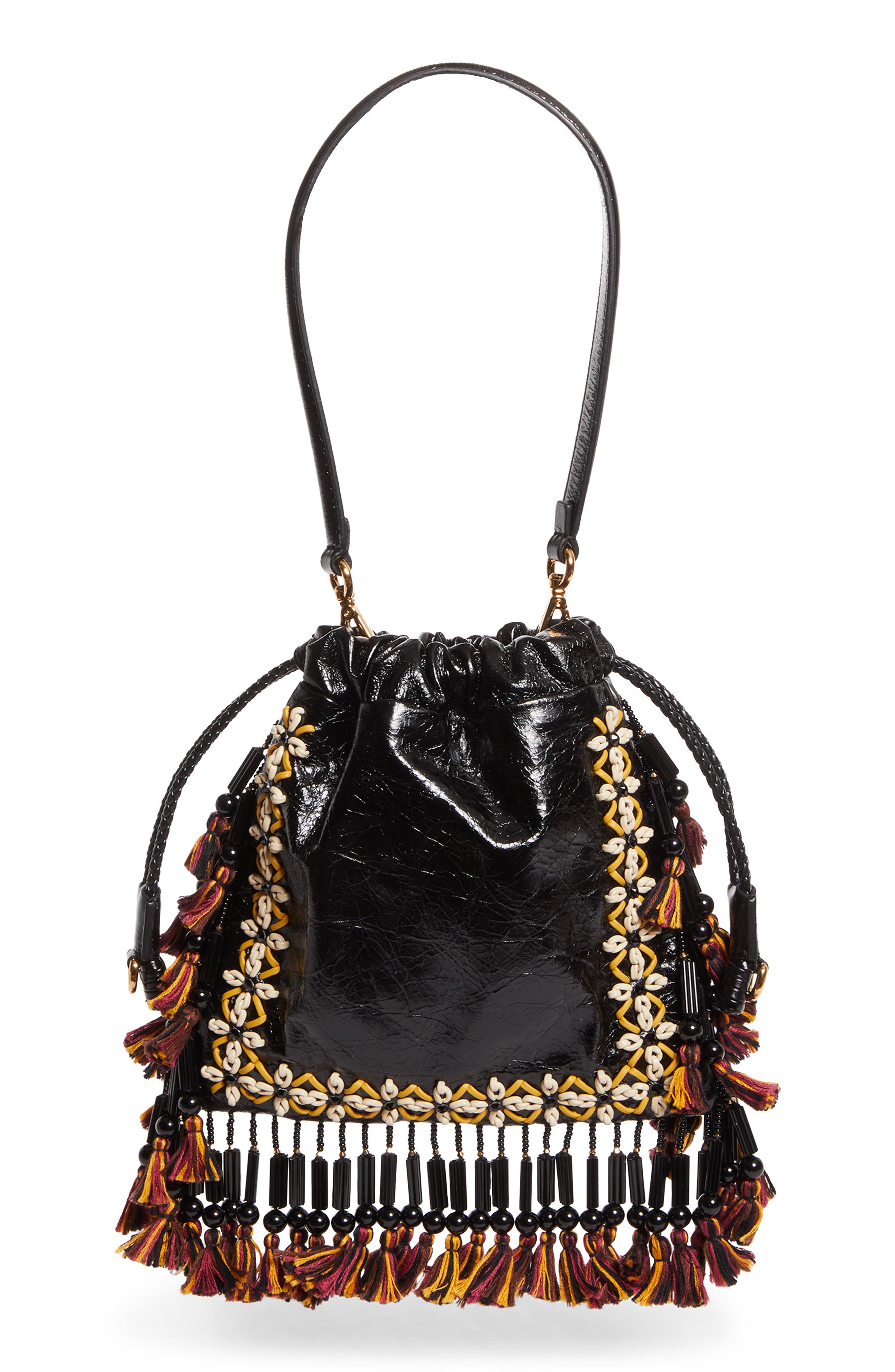 Etro Kalispera Embroidered Fringe Leather Shoulder Bag, Main, color, Nero