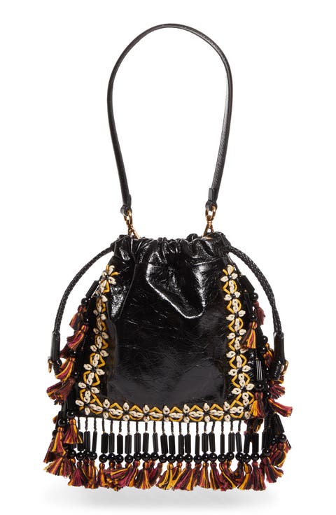 Kalispera Embroidered Fringe Leather Shoulder Bag