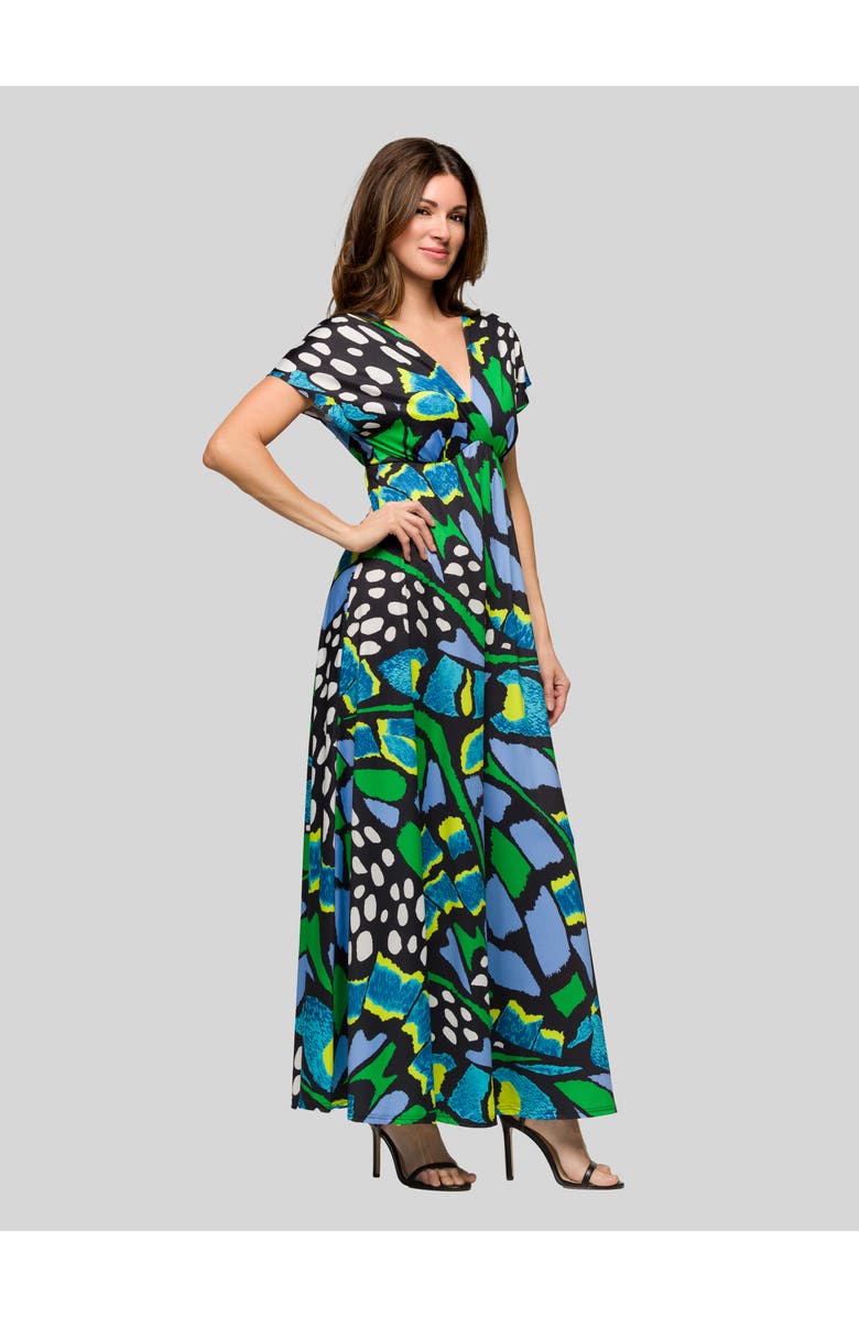 24seven Comfort Apparel Blue Butterfly Print V Neck Empire Waist Cap Sleeve Maxi Dress, Alternate, color,