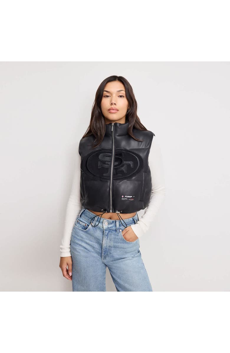Off Season Women's Black San Francisco 49ers Faux Leather Cropped Puffer Vest, Alternate, color, Black