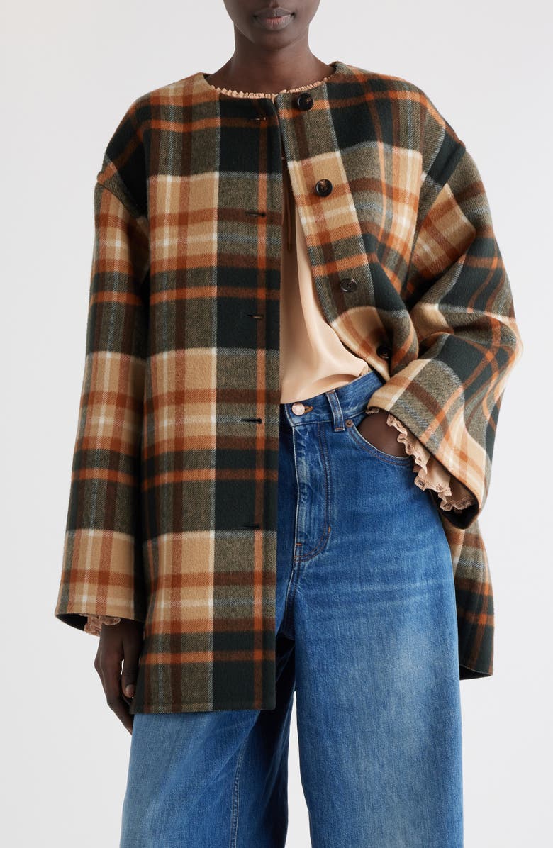Chloé Check Double Face Wool & Silk Coat, Main, color,