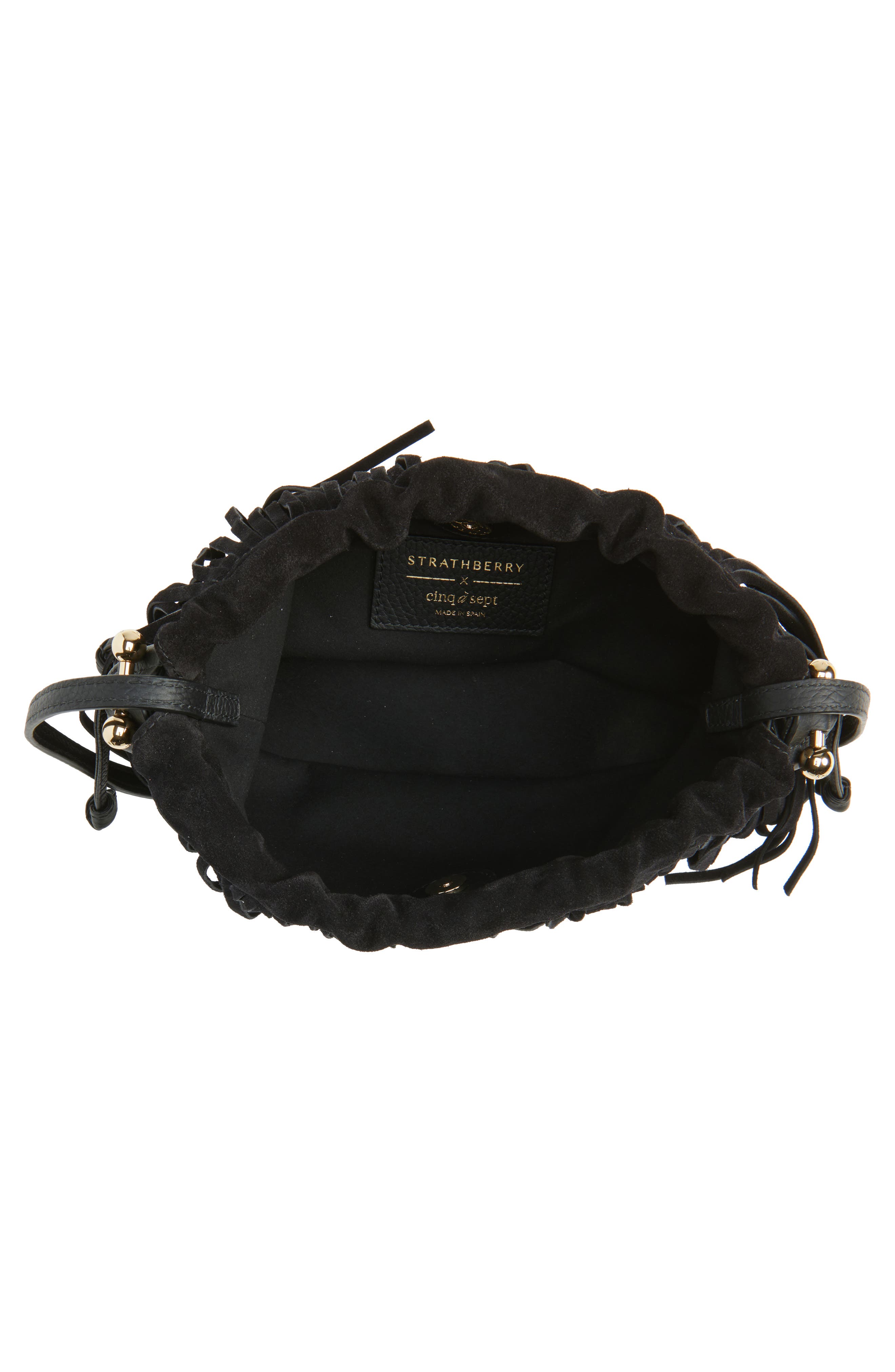 Strathberry x Cinq à Sept Drawstring Fringe Suede Crossbody Bag, Alternate, color, Black