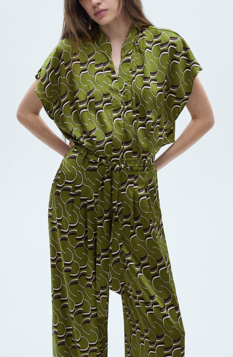 MANGO Geo Print Belted Satin Jumpsuit, Alternate, color, 