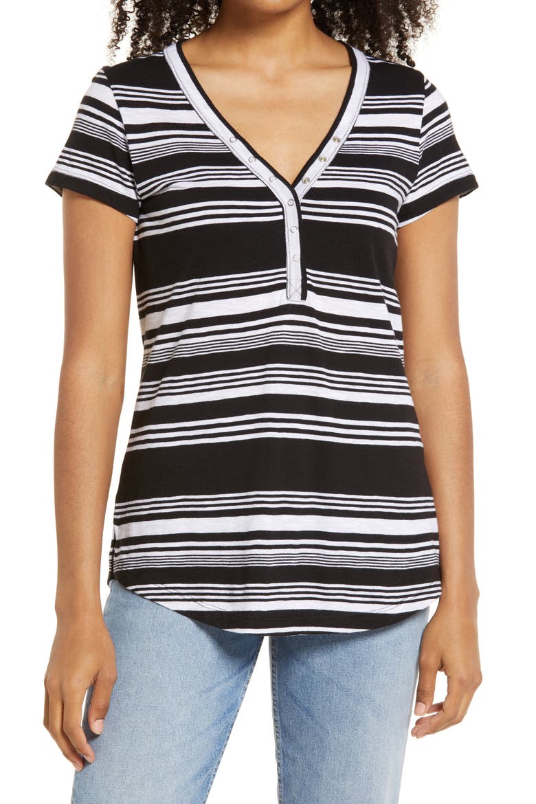 Snap Front Henley T-Shirt, Main, color, BLACK- WHITE HORIZON STRIPE
