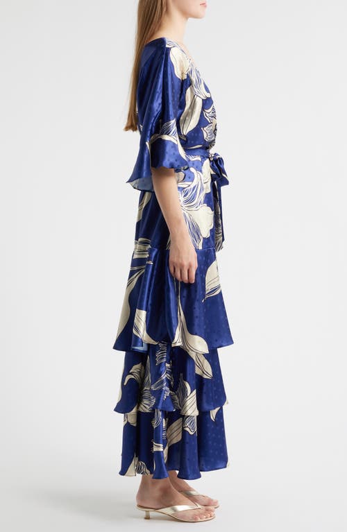 Ciebon Calix Floral Dot Jacquard Tiered Satin Maxi Dress In Blue