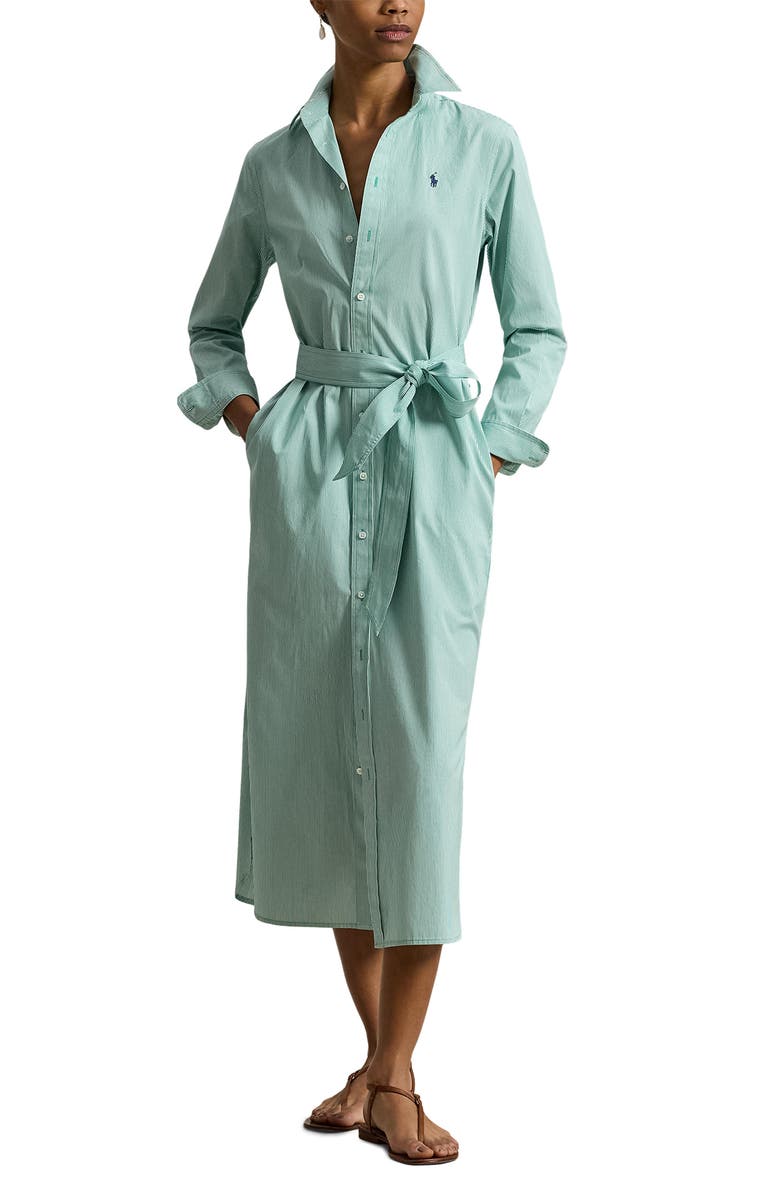Polo Ralph Lauren Tie Waist Long Sleeve Maxi Shirtdress, Main, color, Green White