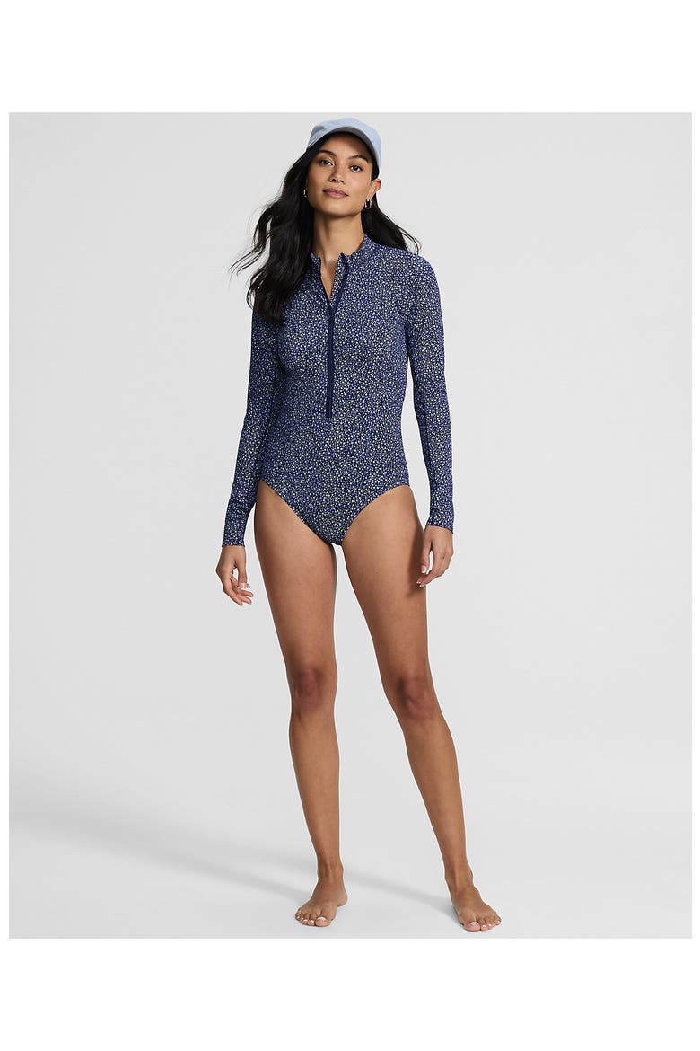 Chlorine Resistant Zip Front Long Sleeve Tugless Sporty One Piece Swimsuit, Alternate, color, Navy/Blue Ditsy Floral