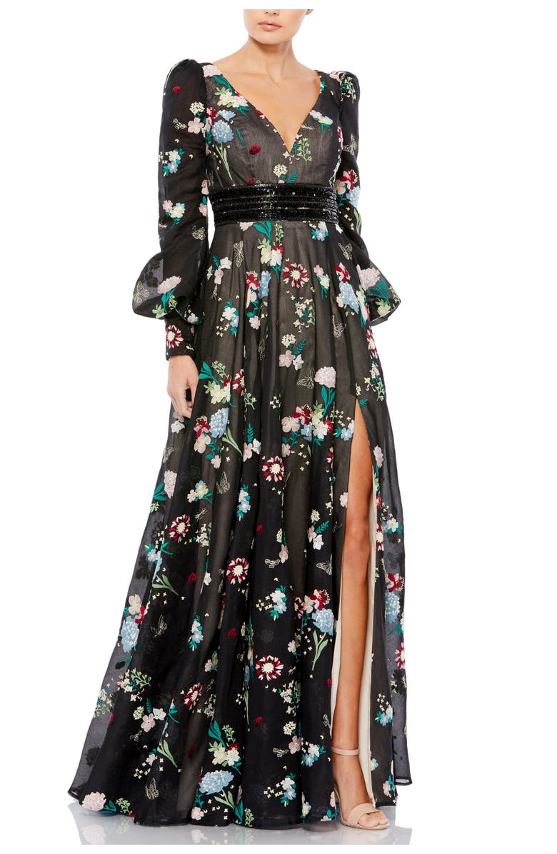 Mac Duggal Floral Embroidered Gown with V-Neck, Bishop Sleeves & Beaded Cummerbund, Main, color,