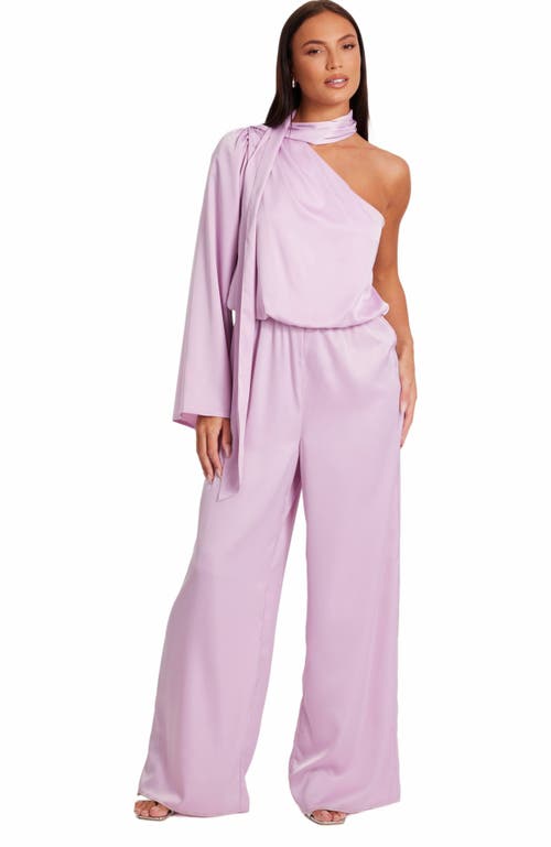 Quiz One Sleeved Satin Jumpsuit With Scarf Detail In Lilac