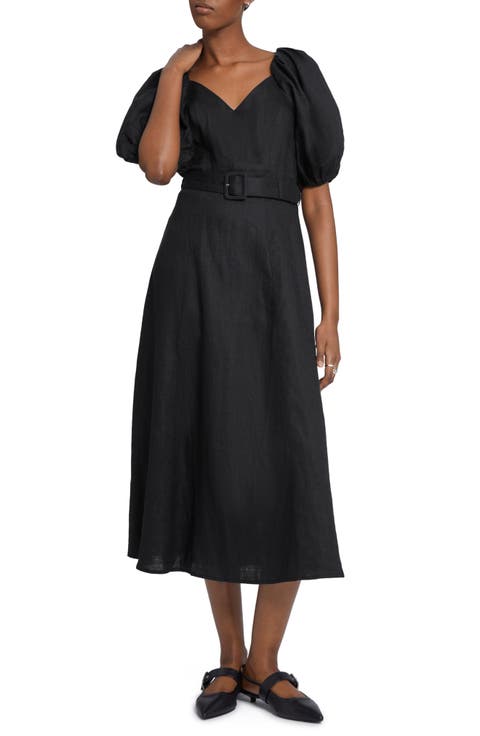 Puff Sleeve Belted Linen Dress