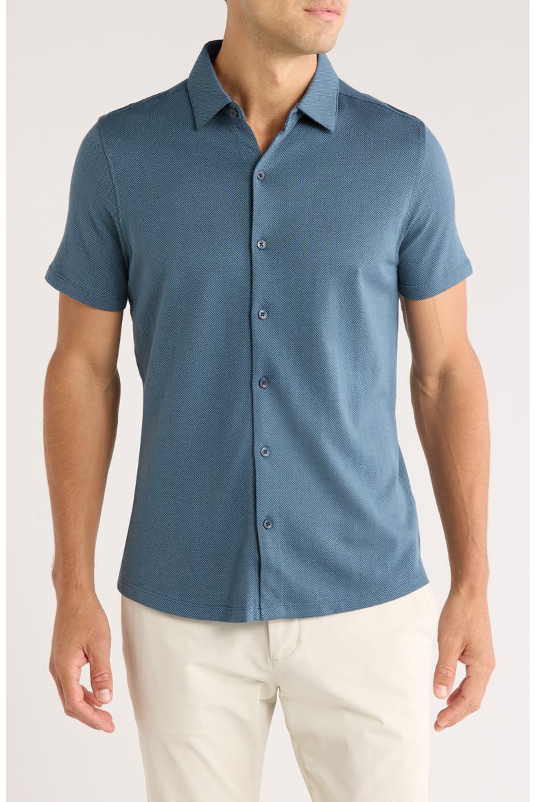 Nino Herringbone Short Sleeve Cotton Knit Button-Up Shirt, Main, color, ORION BLUE