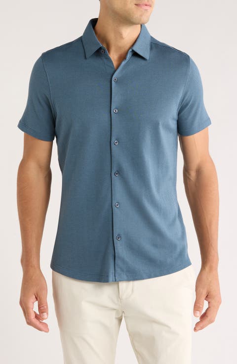 Nino Herringbone Short Sleeve Cotton Knit Button-Up Shirt