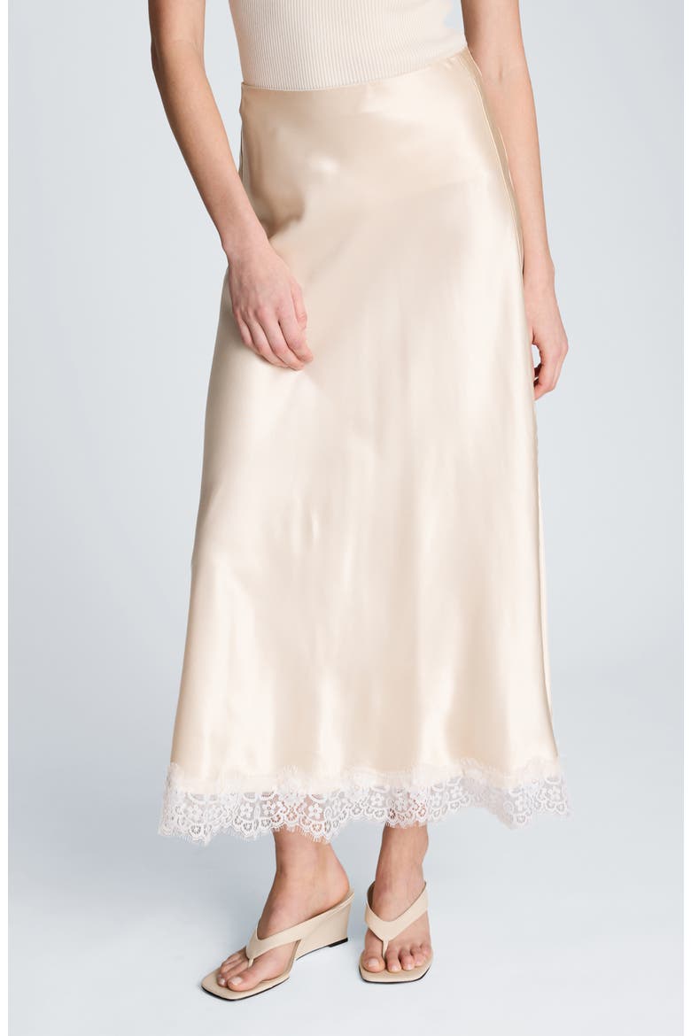Lace Trim Satin Midi Skirt, Main, color, OYSTER