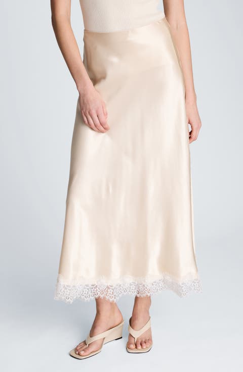 Lace Trim Satin Midi Skirt