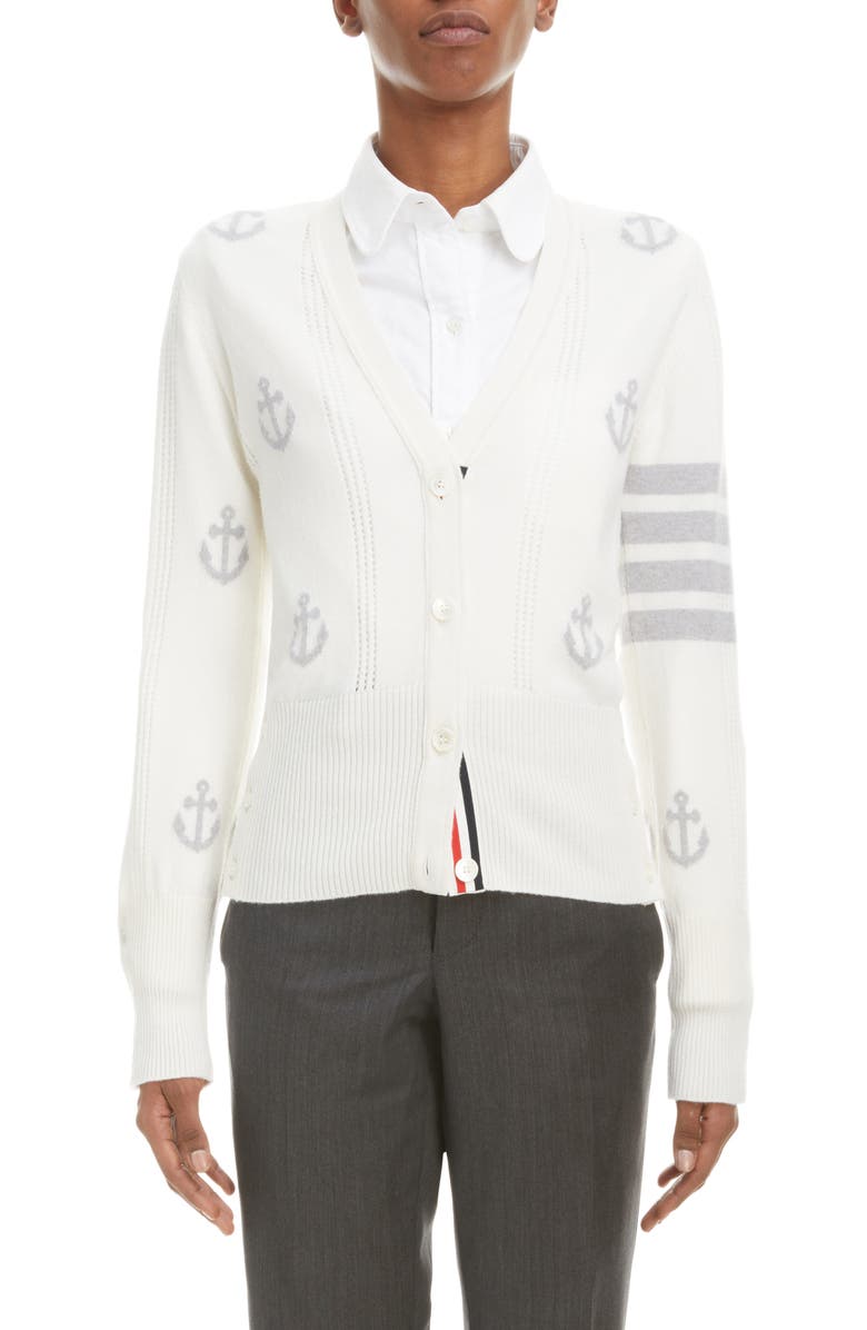 Thom Browne 4-Bar Anchor Intarsia V-Neck Cashmere Cardigan, Main, color,
