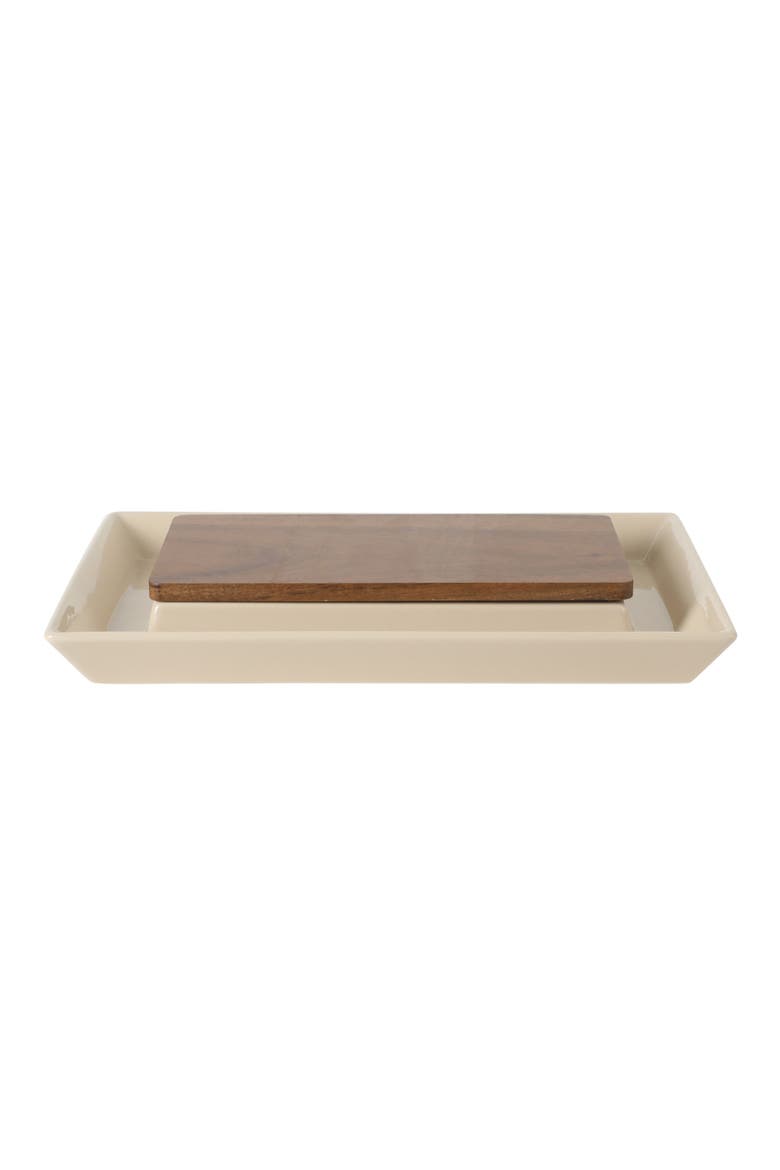 Gracious Dining 3-Section Stoneware Serving Tray with Acacia Lid, Alternate, color, Taupe