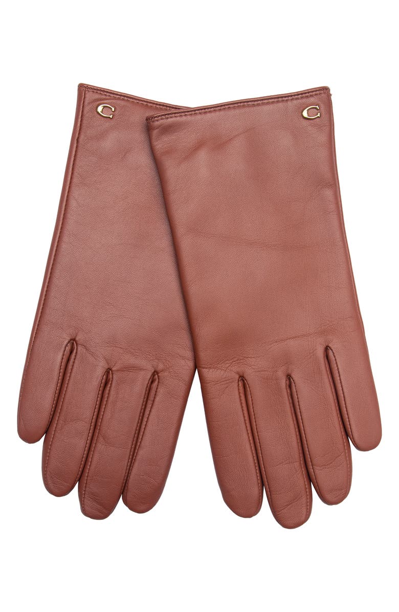 COACH Sculpted C Wool Lined Leather Tech Gloves, Main, color, Saddle
