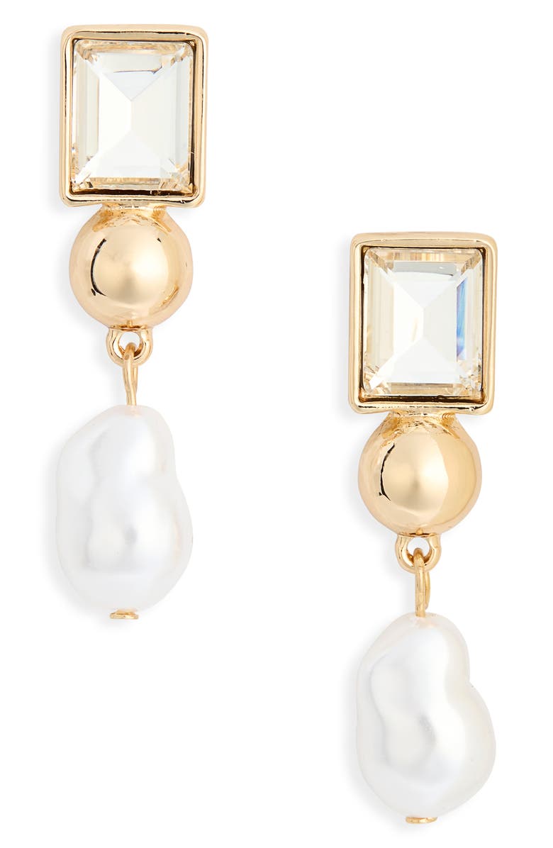 NORDSTROM RACK Cubic Zirconia Faux Pearl Drop Earrings, Main, color, Clear- White- Gold