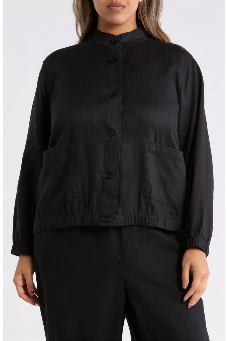 Stand Collar Linen Jacket, Alternate, color, BLACK
