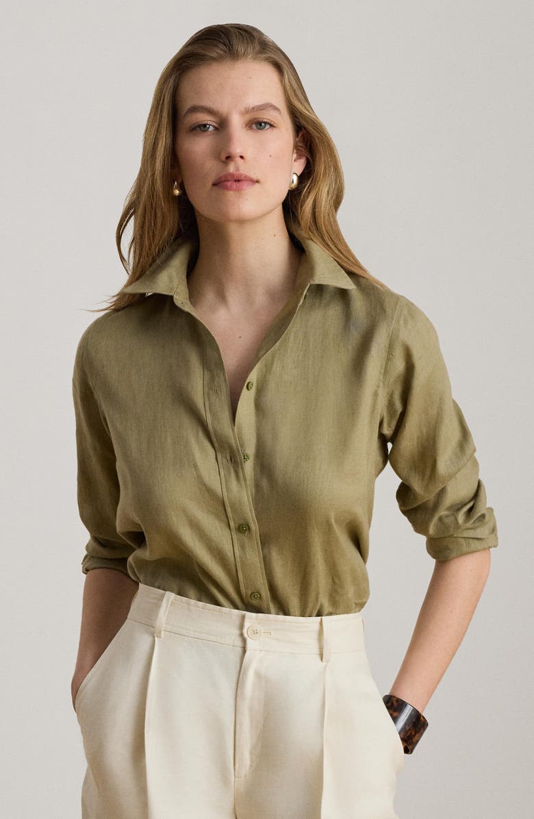 Lauren Ralph Lauren Broono Tissue Linen Button-Up Shirt, Alternate, color, Light Agave Green