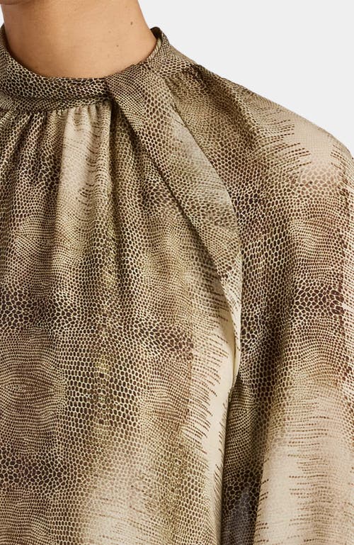 Santorelli Dakota Mock Neck Printed Blouse With Long Lantern Sleeves In Brown