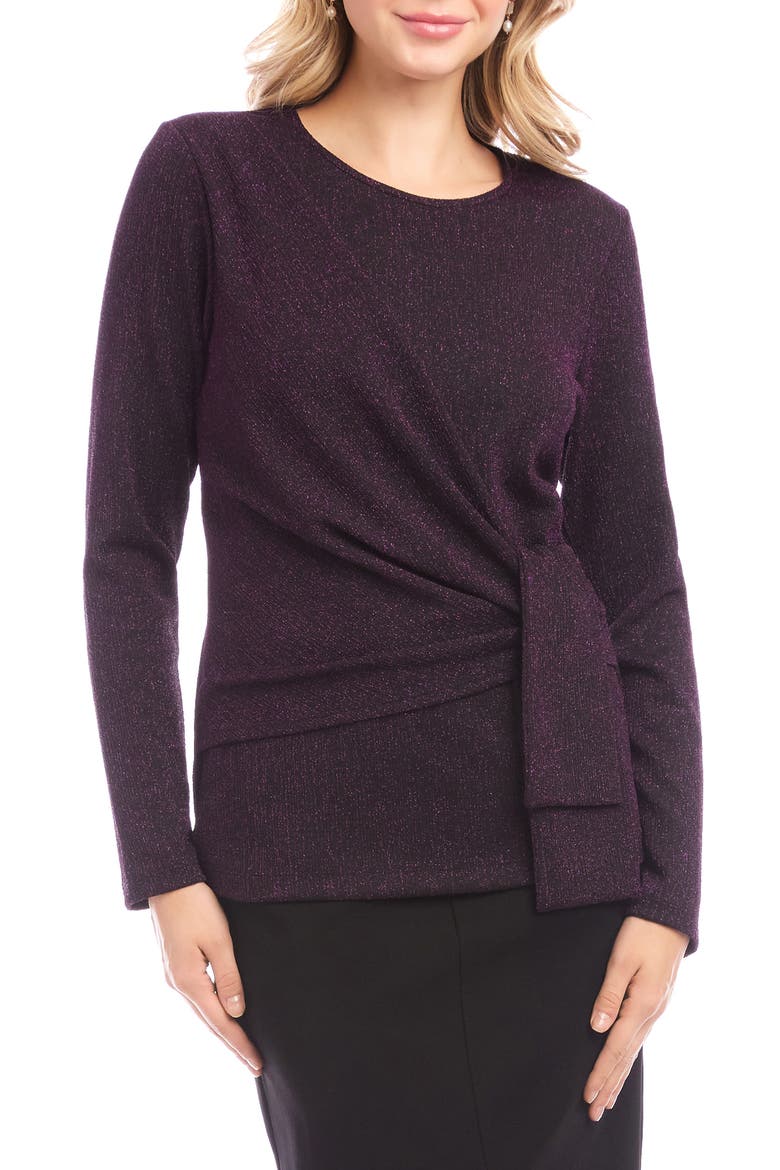 Metallic Knit Side Drape Long Sleeve Top, Main, color, EGGPLANT
