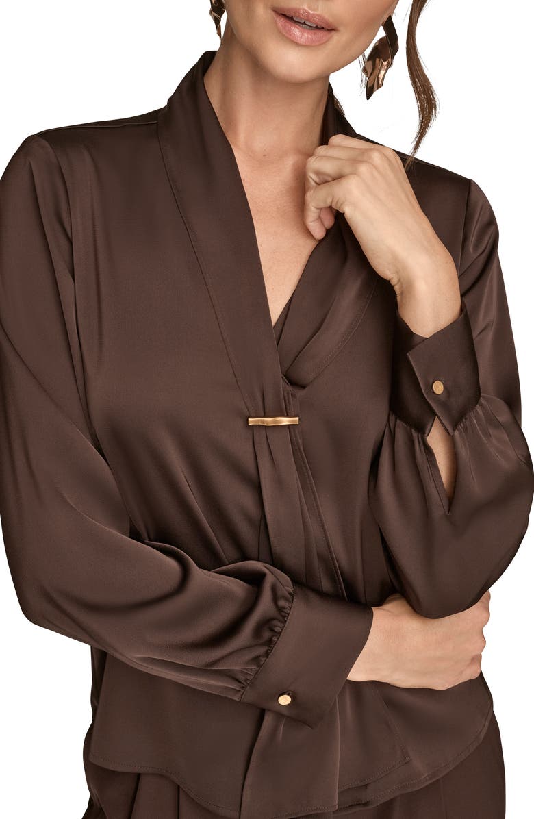 Donna Karan New York Tie Neck Satin Shirt, Alternate, color, Chocolte
