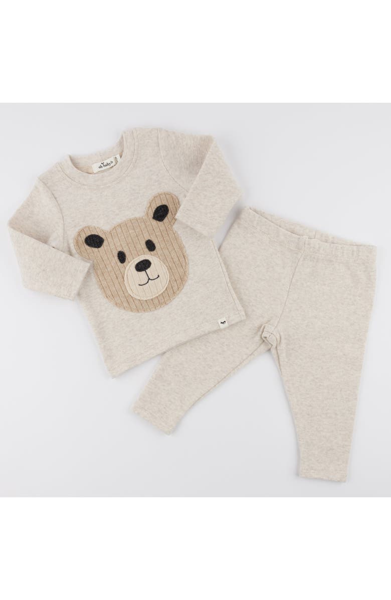 oh baby! Teddy Bear Face Applique Long Sleeve Two Piece Set, Alternate, color, 