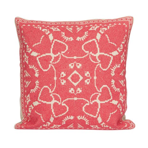 Cotton Pillow with Embroidered Design and Chambray Back, Pink and Natural