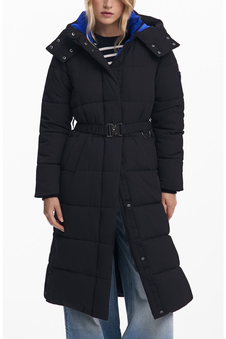 Quilted Puffer Longline Coat with Removable Hood, Main, color, BLACK