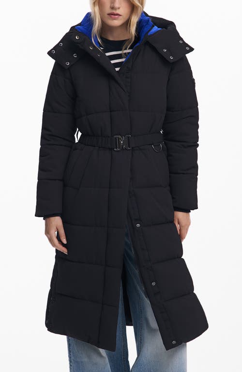Desigual Quilted Puffer Longline Coat With Removable Hood In Black