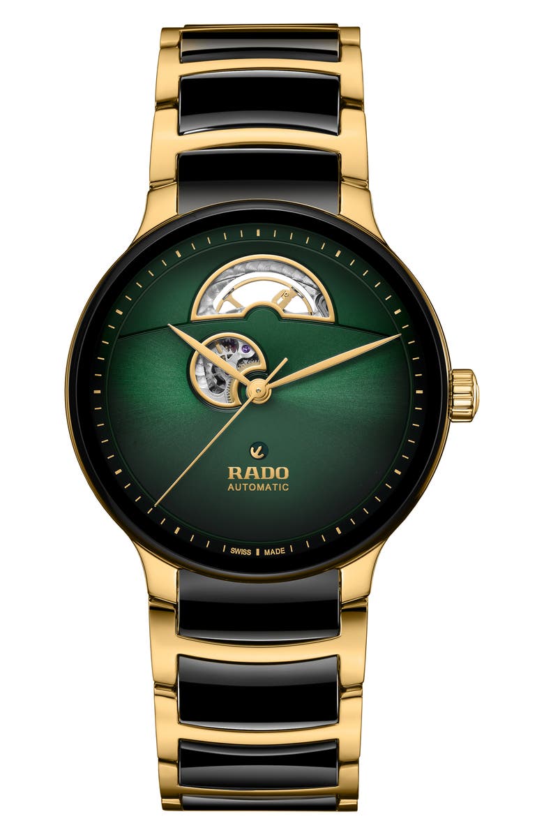 RADO Centrix Open Heart Automatic Ceramic Bracelet Watch, 39.5mm, Main, color, Green