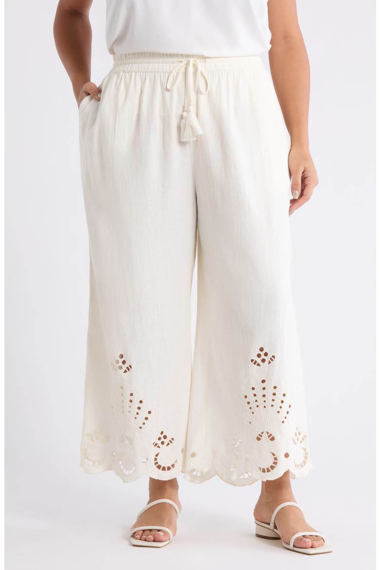 Cutwork Hem Linen Blend Pants, Main, color, IVORY EGRET