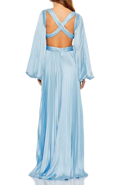 Mac Duggal Long Sleeve Pleated Charmeuse Cut Out Gown In Powder Blue