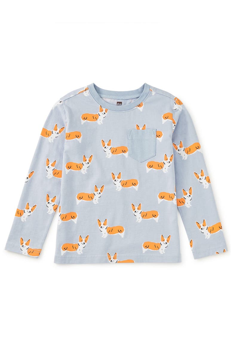 Long Sleeve Printed Pocket Tee, Main, color, Cutie Corgis