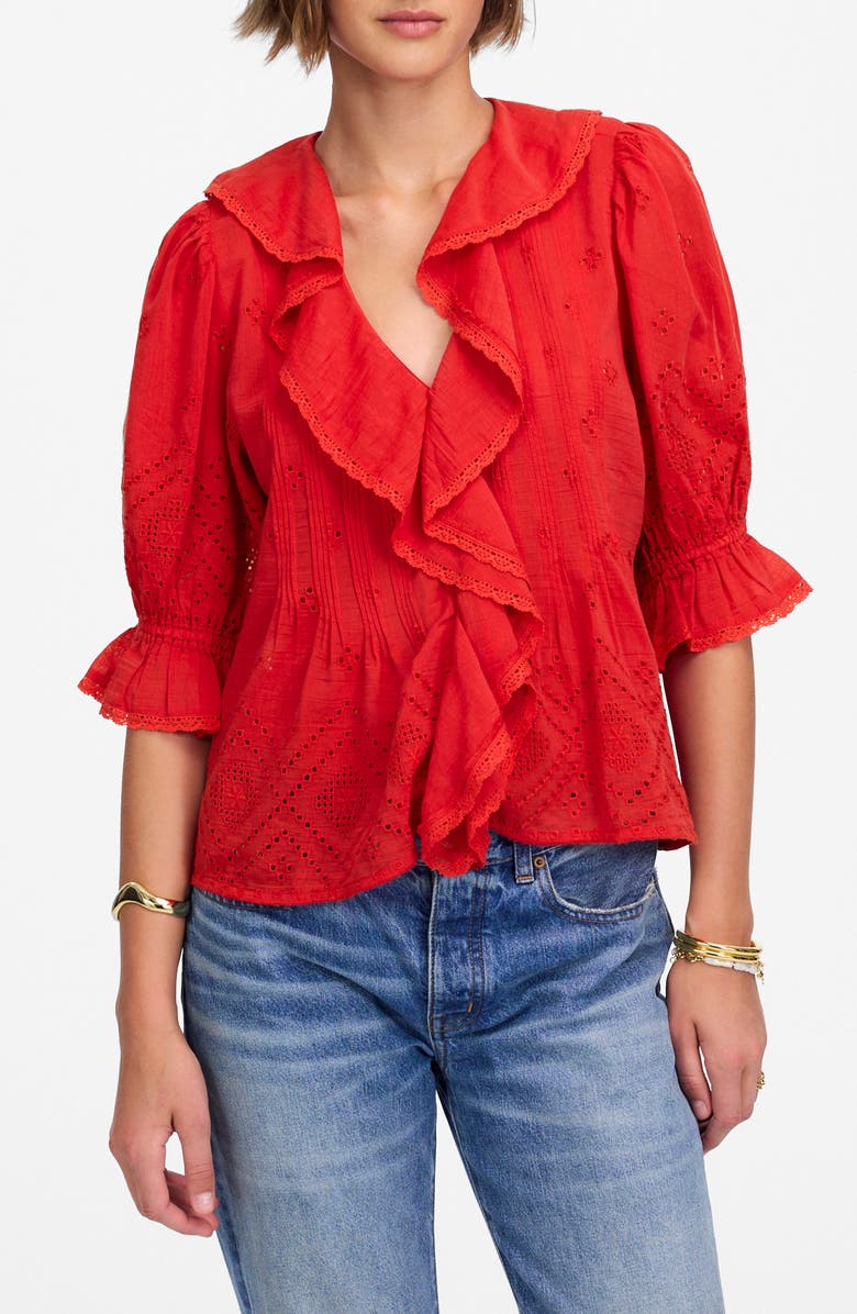 Madewell Pintuck Ruffle Puff Sleeve Top, Main, color, Cerise