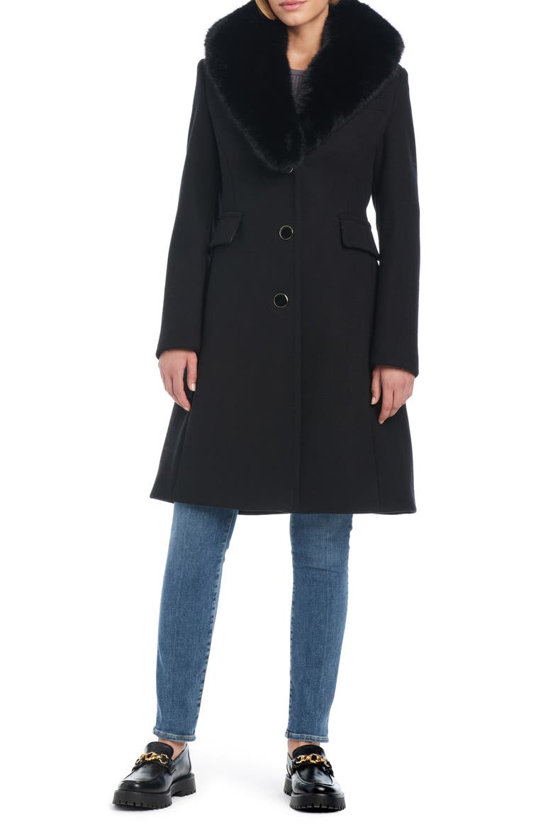 wool blend coat with removable faux fur collar, Main, color, BLACK
