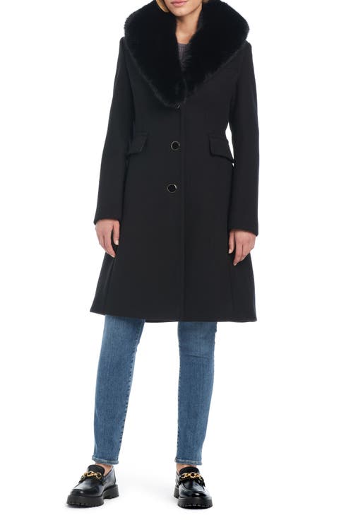 wool blend coat with removable faux fur collar