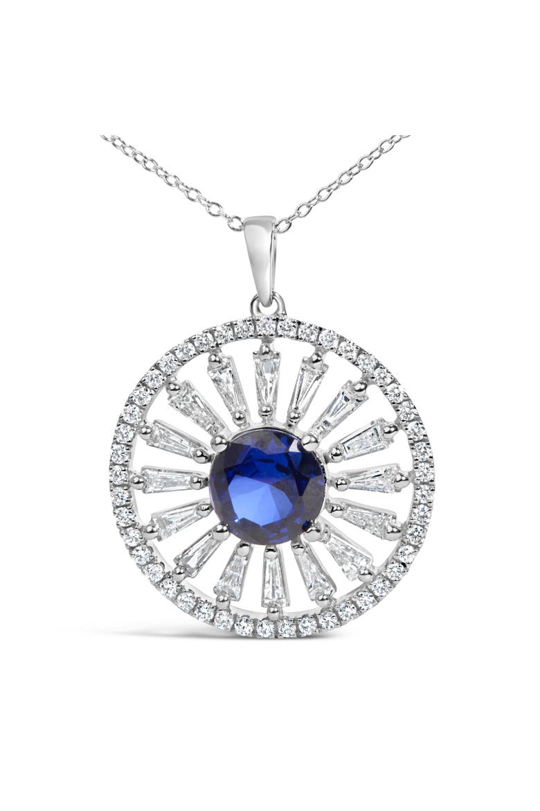 Sterling Silver Lab Grown Sapphire and 1.0 Cttw Baguette Diamond Medallion Pendant Necklace, Alternate, color, Silver