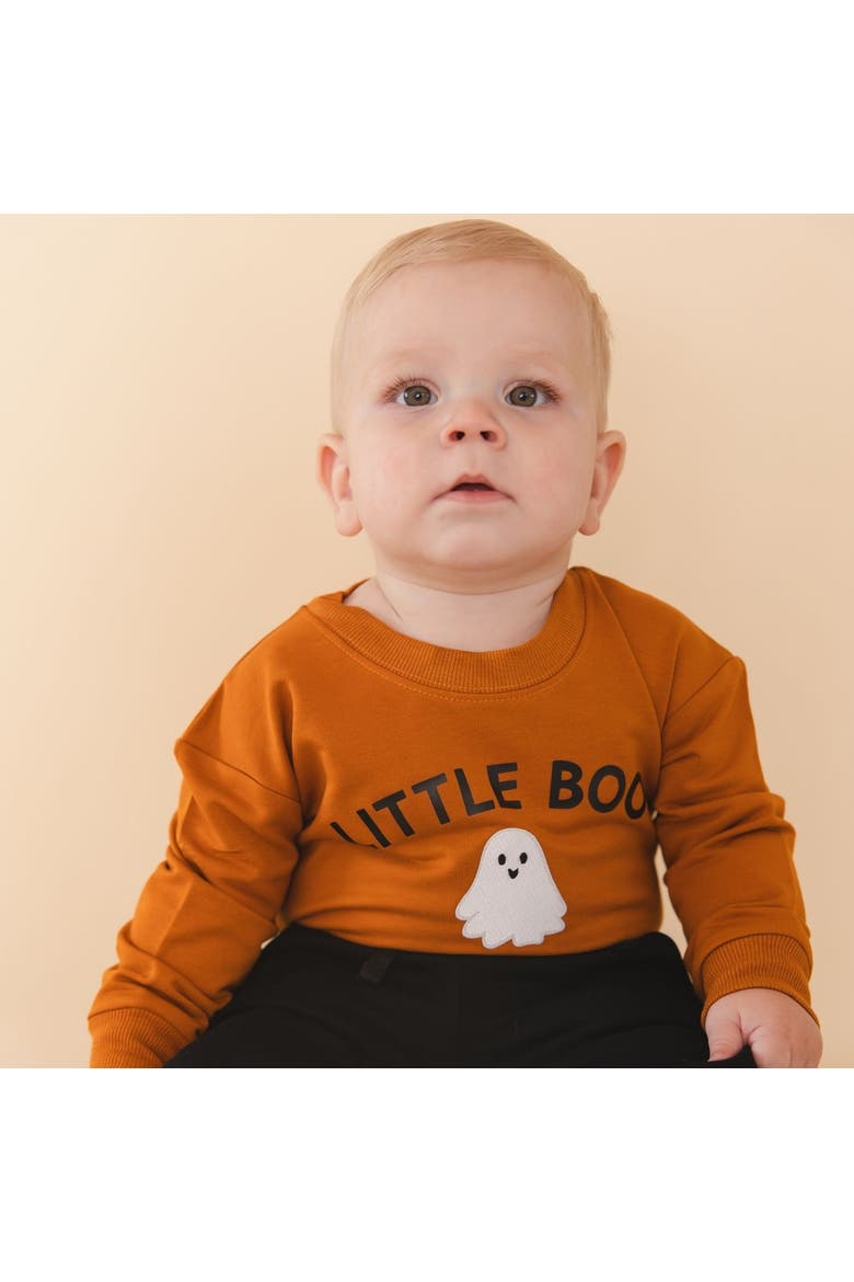 Little Boo Patch Halloween Long Sleeve Romper, Alternate, color, Burnt Orange