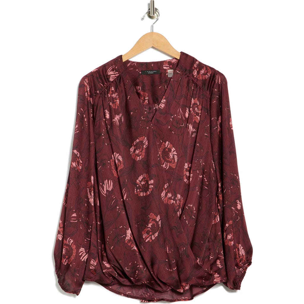 T Tahari Long Sleeve Faux Wrap Blouse In Burgundy