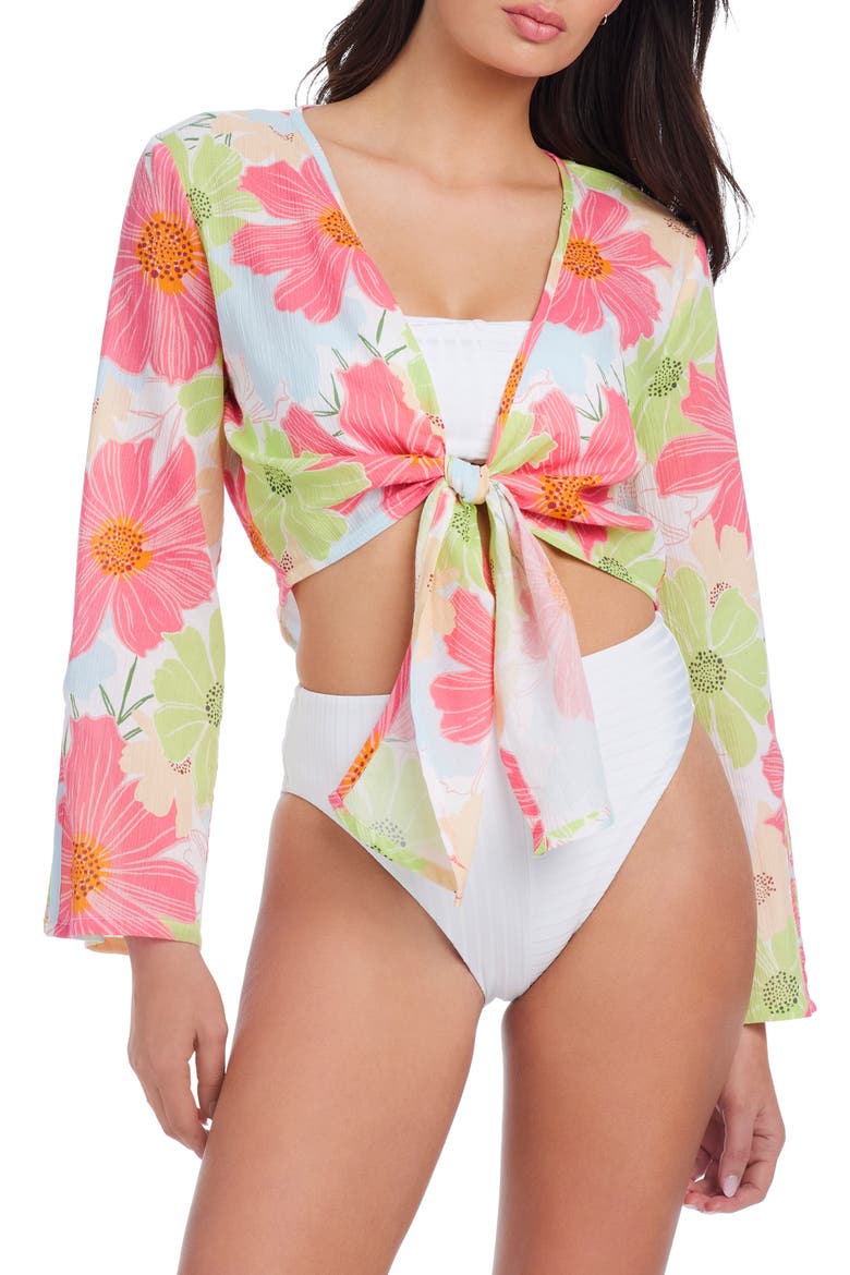Floral Crinkle Crop Tie Front Top, Main, color, WHITE