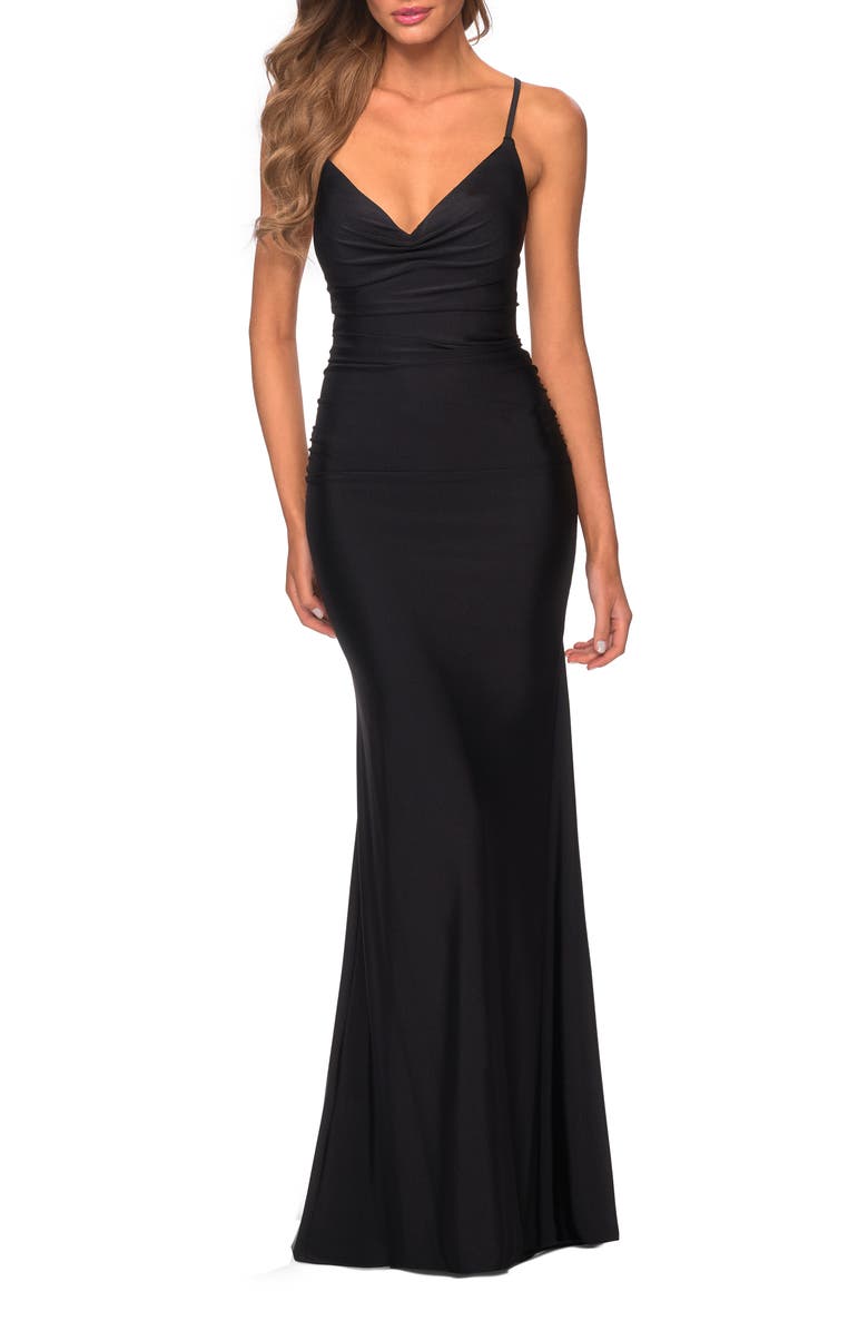 La Femme Long Jersey Dress with Draped V-Neckline and Ruching, Main, color, Black