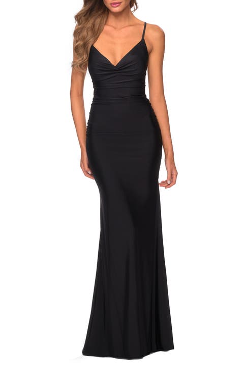 Long Jersey Dress with Draped V-Neckline and Ruching