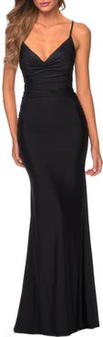 La Femme Long Jersey Dress with Draped V-Neckline and Ruching